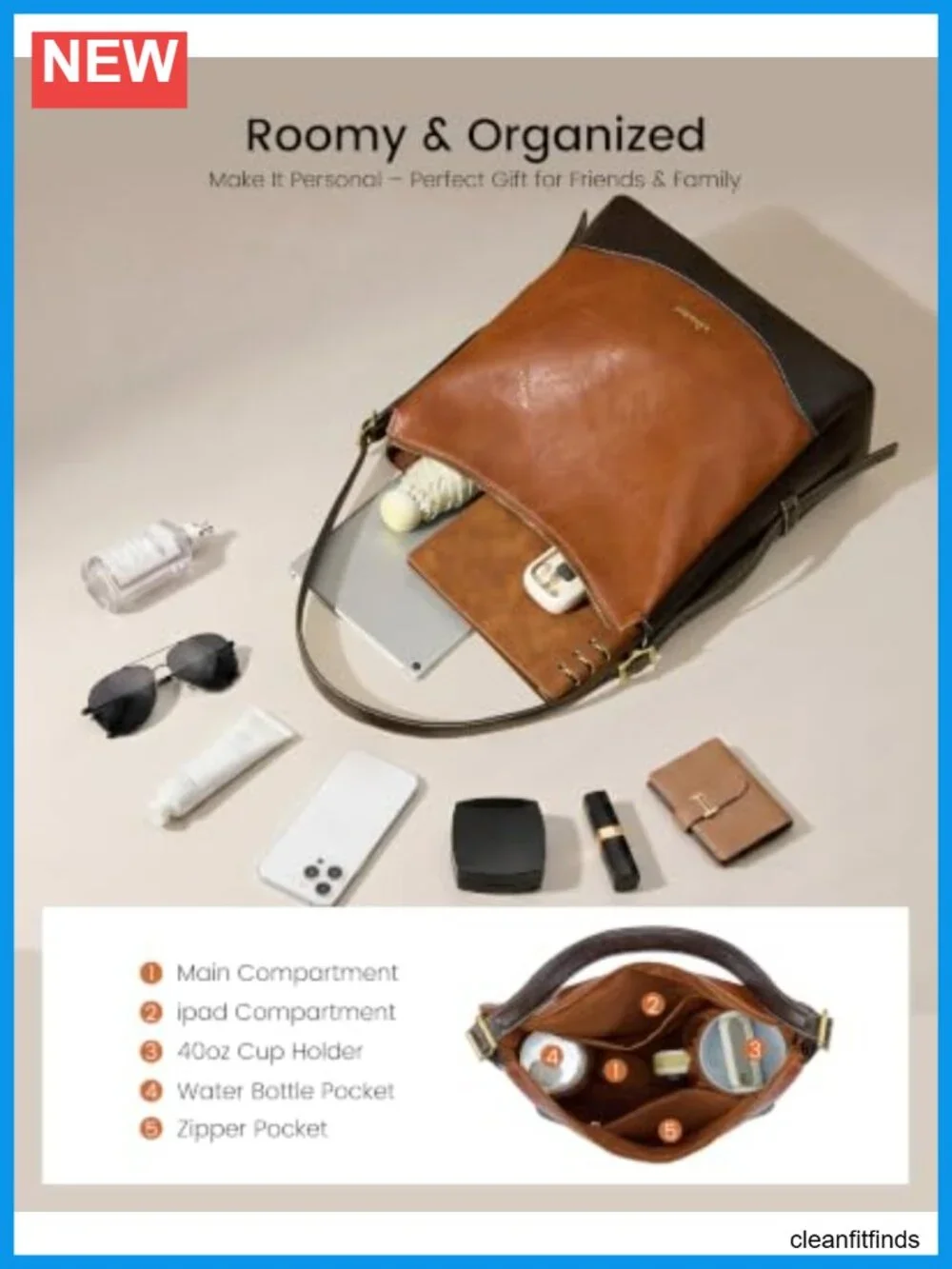 Vegan Leather Hobo Bag with Initial Charm, Hidden Cup Holder, Crossbody